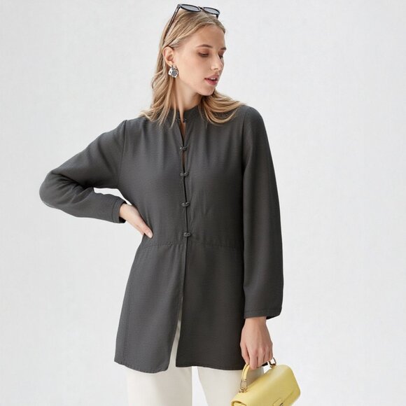 Eileen Fisher Italian Linen Blend Tunic Top Jacket Frog Closure Pockets Grey - Picture 1 of 11
